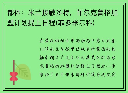 都体：米兰接触多特，菲尔克鲁格加盟计划提上日程(菲多米尔科)