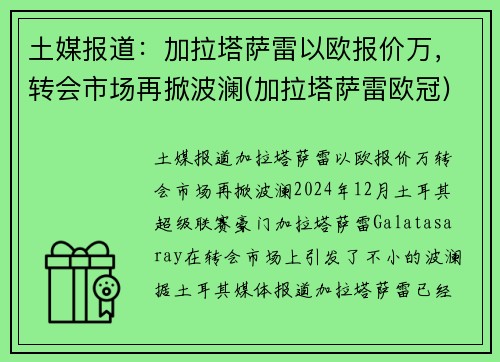土媒报道：加拉塔萨雷以欧报价万，转会市场再掀波澜(加拉塔萨雷欧冠)