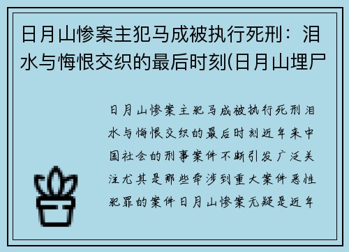 日月山惨案主犯马成被执行死刑：泪水与悔恨交织的最后时刻(日月山埋尸案涉案人员)