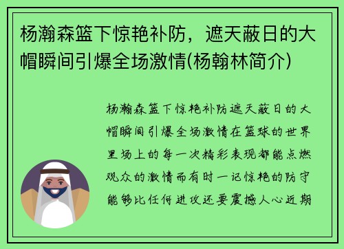 杨瀚森篮下惊艳补防，遮天蔽日的大帽瞬间引爆全场激情(杨翰林简介)