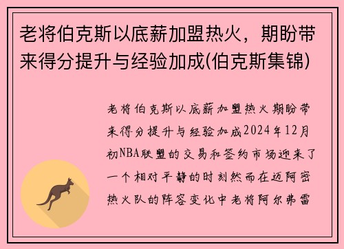 老将伯克斯以底薪加盟热火，期盼带来得分提升与经验加成(伯克斯集锦)